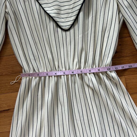 Vintage Cream Long-Sleeve Striped Dress With Black-Trimmed Collar - Picture 10 of 15